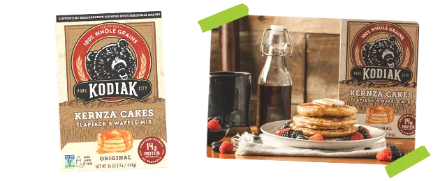 Kodiak Kernza Pancake and waffle mix next to a stack of pancakes