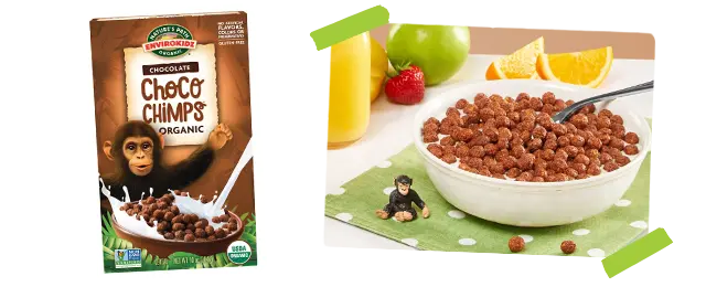 Coco Chimps cereal next to a photo of a bowl of cereal