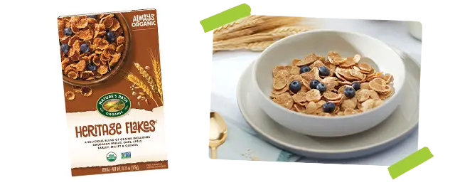 Heritage Flakes next to a picture of cereal in a bowl