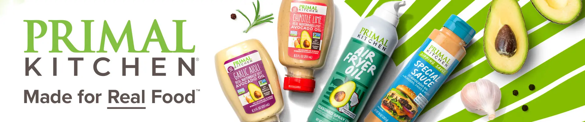 Primal Kitchen, Made for Real Food logo surrounded by products